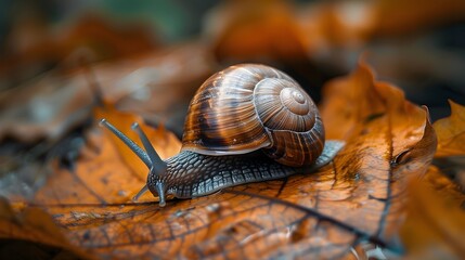 Close-up of a Snail Shell on Autumn Leaves in a Damp Forest Environment