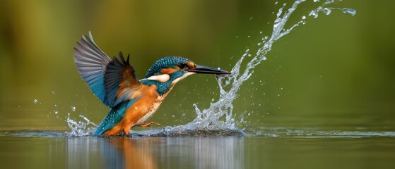   Kingfisher and fish in the water. A Kingfisher catching a fish in the water.