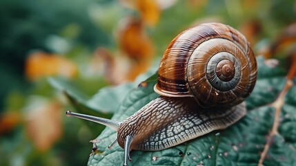 Spiral Snail Shell Exploring Lush Green Foliage in Natural Habitat