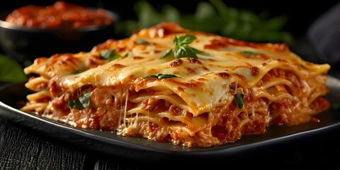 D Rendering of Hot Lasagna with Marinara Sauce and Melted Cheese. Concept Food Presentation, 3D Rendering, Lasagna, Marinara Sauce, Melted Cheese