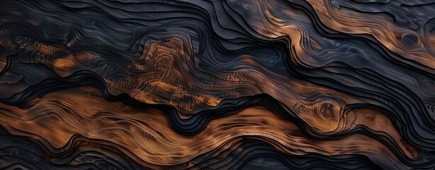 A woody abstract background made of oak wood with a burnt texture of wood fibers. Old rustic graphic resource, made in the form of a wave of hardwood. A three-dimensional banner made of dark wood, mad