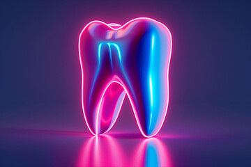 A glowing isolated neon teeth form in blue and pink tones, a dental care, and advertisement for dentistrys, copy space.