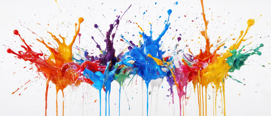  A multicolored paint splashes background. Colorful paint splashes on white background Abstract colorful background Liquid paint