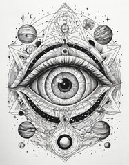 Tattoo design, eye with the universe behind it and planets orbiting around, in front of an all seeing eye