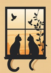 Kirigami style simple card with two black cat silhouette spring sunny day the cats sitting in window watching birds