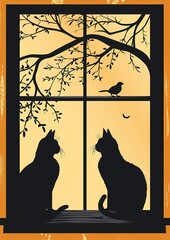 Kirigami style simple card with two black cat silhouette spring sunny day the cats sitting in window watching birds