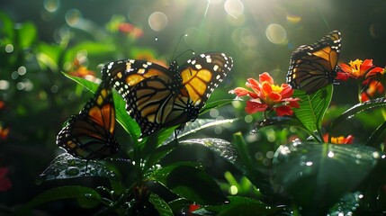 Captivating Butterfly Amid Vibrant Garden Blooms in Morning Sunlight