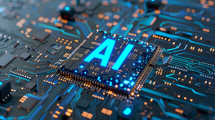 Obraz premium A closeup picture of a Semiconductor Chip with Letters AI written with technology background