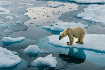 solitary polar bear on drifting ice in arctic habitat climate change impact