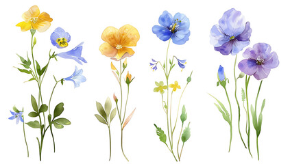  wildflowers, yellow violets and blue pansies with green leaves isolated on a white background