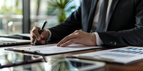 A man in a formal suit is focused on writing on a piece of paper