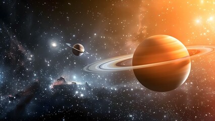 Fototapeta premium Saturn and moon with rings surrounded by stars and nebulas in space. Concept Space Photography, Galaxy Exploration, Saturn's Rings, Moon in Orbit, Cosmic Nebulas