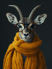 Portrait of Deer wearing a knitted scarf isolated on black background
