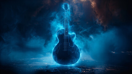 Blue flaming guitar in the dark