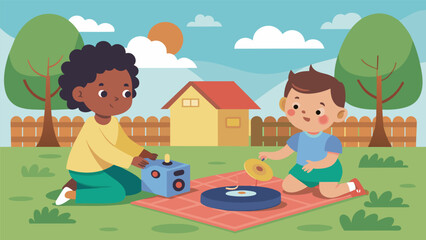 Two toddlers sit on a blanket in the backyard playing with toys as their parents spin a childrens record on an old record player filling the air with. Vector illustration