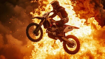 Flaming Motocross A Daring Display of Skill and Courage - obrazy, fototapety, plakaty