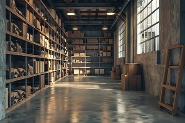 warehouse interior with shelves of packages and boxes ready for shipping industrial 3d render