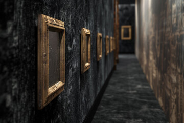From an side perspective, a gallery corridor adorned with a row of small, elegant wooden frames against a luxurious black velvet wall