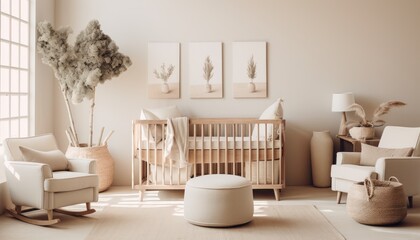 A babys room featuring a crib, rocking chair, and soft colors