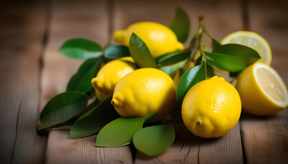 A fresh lemons on a rustic wooden table with natural lighting
