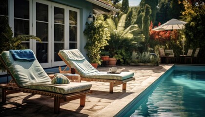 A pair of lawn chairs sit next to a sparkling swimming pool, inviting relaxation and enjoyment on a sunny day