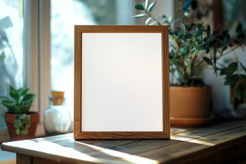 Wooden frame on a table with plants around