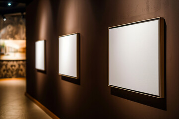 In an gallery, three frames are mounted against a wall of Dark Espresso, a rich, coffee-colored backdrop exhibit