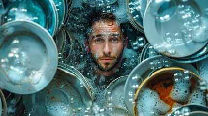 Guy swimming around in soap water with dirty dishes.
