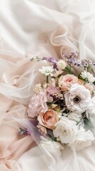 Fototapeta premium Bridal bouquet grace rests on a lush bed