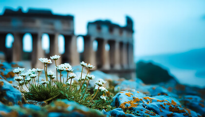 Fleurs poussant parmi les ruines d'un monument