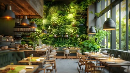 An Eco-Friendly Contemporary Eatery with a Green Living Wall Design. Concept Eco-Friendly Restaurant, Green Living Wall, Contemporary Design, Sustainable Dining, Organic Menu