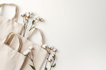 A white picture of minimalistic cotton reusable tote bags, eco friendly and natural, isolated and copy space for text.