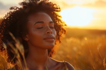 A tranquil portrait of a black African woman, smiling with closed eyes, set against a breathtaking sunset over the African landscape, radiating peace and beauty