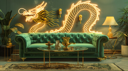 The luxury of this living room is elevated by a neon-lit dragon pattern behind a green velvet sofa, creating a striking contrast against a solid wall. Gold 