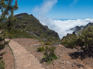 Paved footpath, hiking trail PR1.2 from Achada do Teixeira to Pico Ruivo mountain, the highest peak...