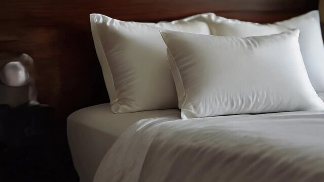 Close-Up of a Comfortable Bed with White Linens and Pillows