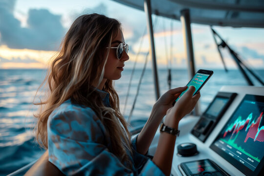 A smart businesswoman trading stock on a yacht in her phone enjoying the freedom of entrepreneur lifestyle