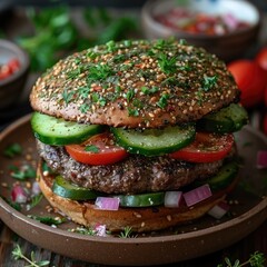 Delicious hamburger with greens