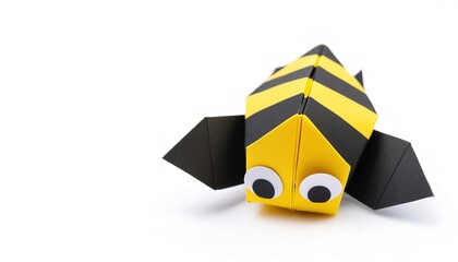 Animal concept origami isolated on white background of a black and yellow striped bumble bee with...