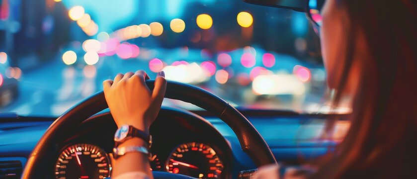 Driving a car at night.Driving a car at night - pretty, young woman driving her modern car at night in a city