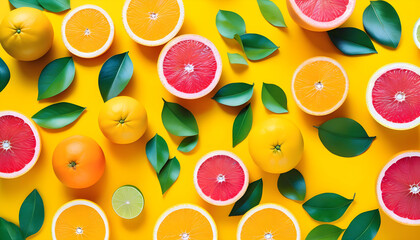 Red and yellow citrus fruits and green leaves on a pastel yellow background