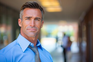 Obraz premium A man dressed in a blue shirt and tie stands in a professional pose