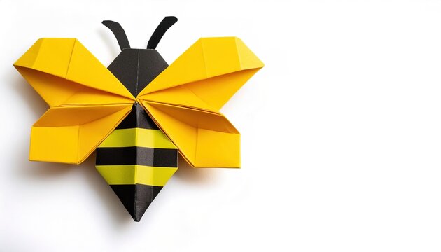 Animal concept origami isolated on white background of a black and yellow striped bumble bee with copy space, simple starter craft for kids