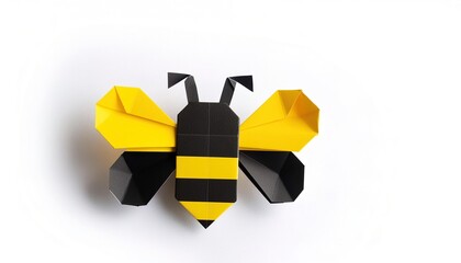 Animal concept origami isolated on white background of a black and yellow striped bumble bee with...