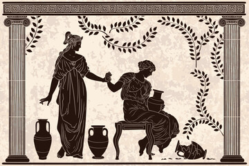 An ancient Greek woman sits on a chair and holds a jug of wine in her hands and talking with her friend. Two figures in the temple between the columns