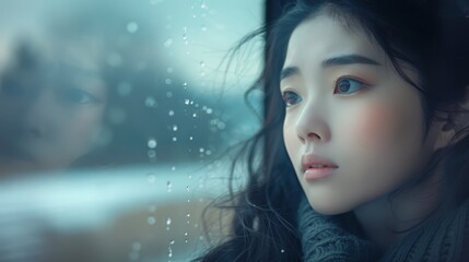   A tight shot of a person donning a scarf, raindrops beading on its surface as it covers their neck amidst pouring rain