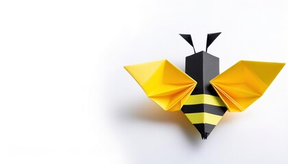 Animal concept origami isolated on white background of a black and yellow striped bumble bee with...