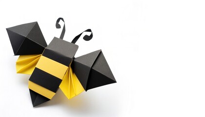 Animal concept origami isolated on white background of a black and yellow striped bumble bee with...