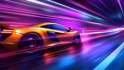 Close-up picture of a yellow sports car in motion with blurred lights on the side. Concept Automotive Photography, Speed Motion, Close-up Shot, Yellow Sports Car, Blurred Lights