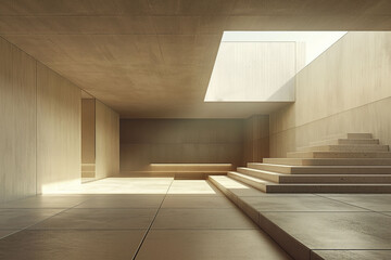 Obraz premium A minimalistic brutalism style room with sunlight and concrete walls, a modern interior design.